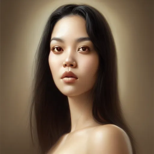 Prompt: portrait of a beautiful woman, square-faced, sand-colored skin, harried bun of black hair, korean, soft details, dark brown eyes, matte painting oil on canvas by mark arian by artgerm, trending on artstation, 4k, 8k, HD