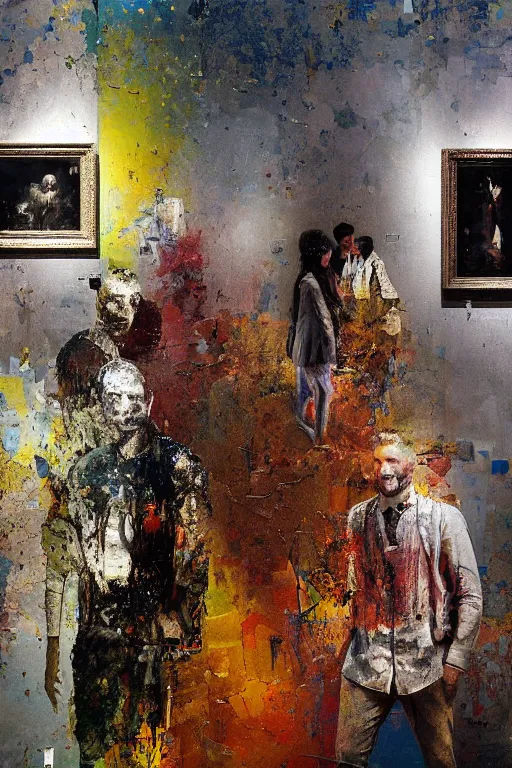 Image similar to a beautiful glitched painting by robert proch of people in front of a painting in a museum gallery, metal rust and plaster materials, pixel sorting, color bleeding, brushstrokes by jeremy mann, still life, dark colors