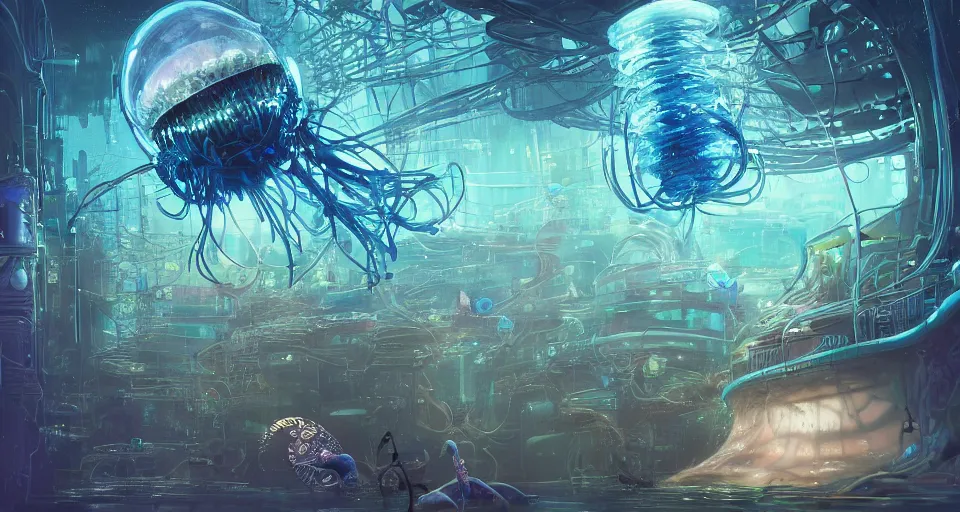 Image similar to bioluminescent cyberpunk jellyfish, deep sea diver, extreme light, distant cyberpunk atlantis, organic, bio domes, coral, deep ocean, robotic, mariana trench midnight zone, bubbles, hyper realistic, hyper detailed, digital art, trending in artstation, studio quality, photorealistic, photo, by jesper ejsing, wlop, paul lehr