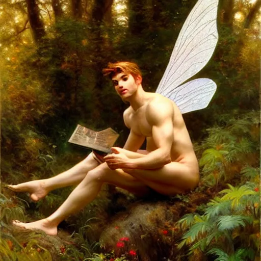 Image similar to attractive male fairy with wings in the forest, posing. highly detailed painting by gaston bussiere, craig mullins, j. c. leyendecker, 8 k