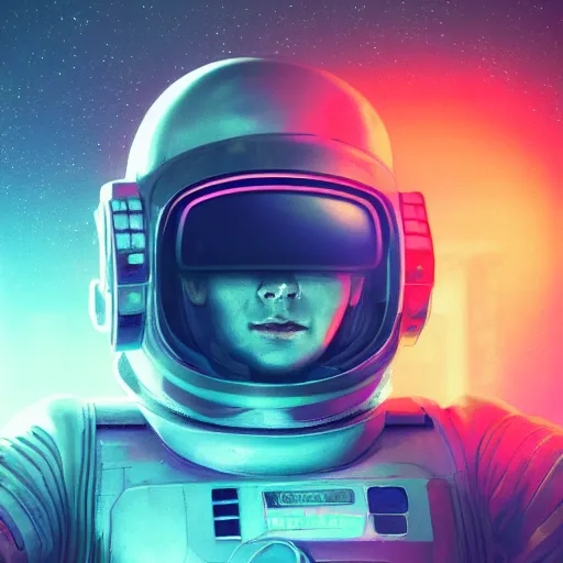 Image similar to cyberpunk astronaut bot, cinema 4 d, galaxy, ufo, space sci - fi, wearing vr goggles, illustration, portrait, pastel neon textured background night, trending on artstation, greg rutkowski, octane rendered, 1 2 k, detailed,