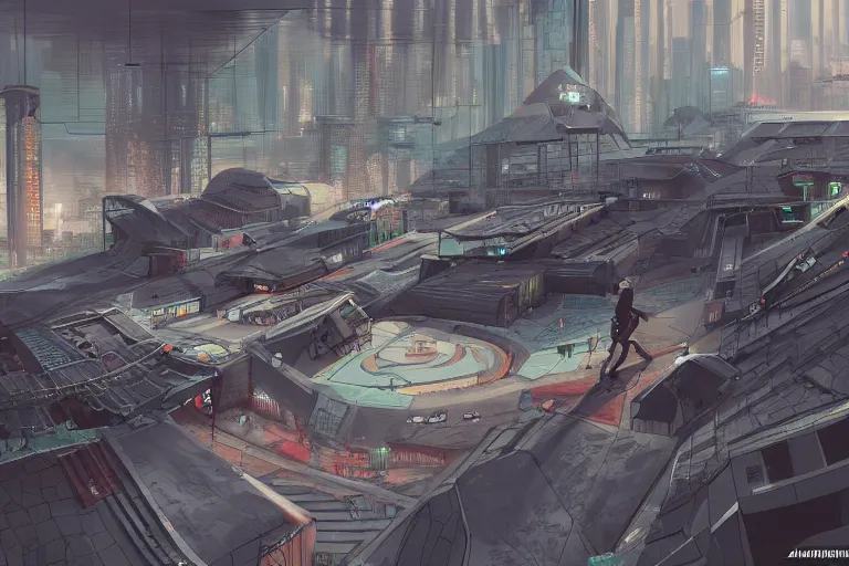 Prompt: a cyberpunk, sci-fi skatepark, trending on art station, detail, dystopian