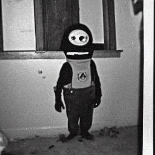 Image similar to realistic photograph of a creepy evil minion, if it were a real person, accidentally caught on camera in a old house, in the 8 0's