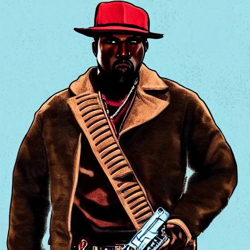 Image similar to kanye west in illustration red dead redemption 2 artwork of kanye west, in the style of red dead redemption 2 loading screen, by stephen bliss