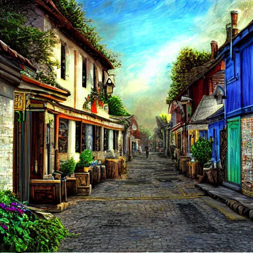 Prompt: realistic painting of village street in the modern time, realistic, hdr, hdd, painting, future of the kingdom