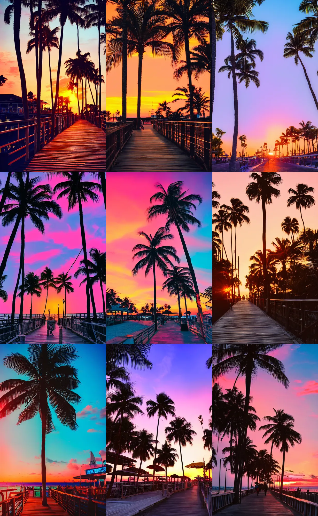 Prompt: sunset, boardwalk, palm trees, synthwave, neon