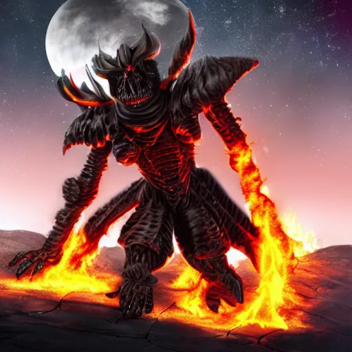 Image similar to a firey, hellish planet with black skeletons