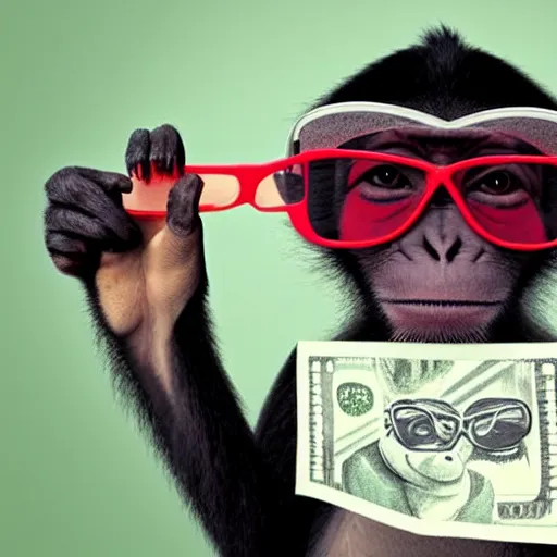 Prompt: Monkey wearing cool glasses and holding dollars