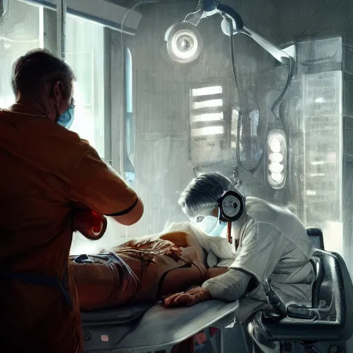 Image similar to A surgeon desperately trying to save his patient, oil painting by Cedric Peyravernay, highly detailed, cinematic concept art, dramatic lighting