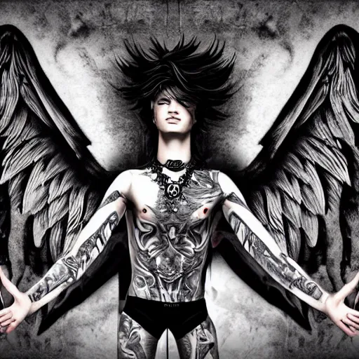 Prompt: beautiful androgynous fallen angel with tattoos on his body being cast from heavens, intricate, hd, high detailed, 4 k,