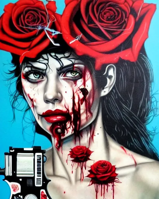Prompt: horror with blood, rose and a pistol with sea and ocean in the background intricate details by Sandra Chevrier