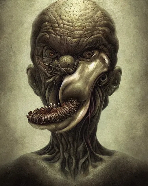 Prompt: a surreal painting of a strange and disturbing creature by anton semenov and dariusz zawadzki and daryl mandryk