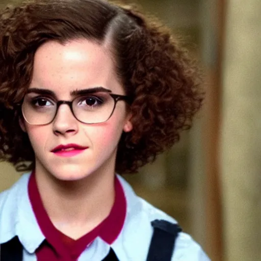 Prompt: emma watson with curly hair and glasses as a student in uniform in hogwarts 4k