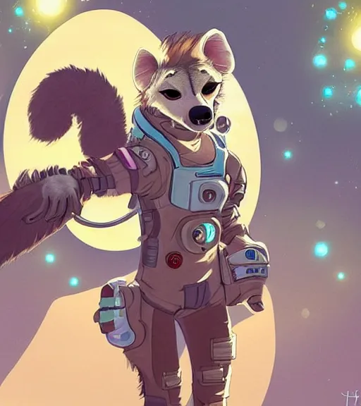 Image similar to digital artwork of furry female hyena, in style of zootopia, fursona, furry, furaffinity, deviantart, wearing astronaut outfit, floating in space, space background, cyberpunk, detailed face, style of artgerm,