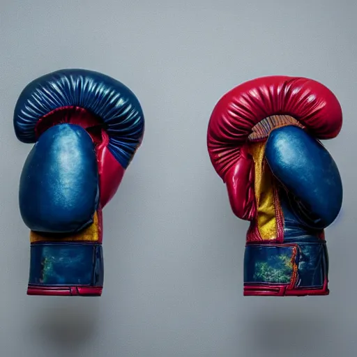 Image similar to a beautiful sculpture made of old textile and boxing gloves, epic lighting, cinematic composition, hyperrealistic, 8 k