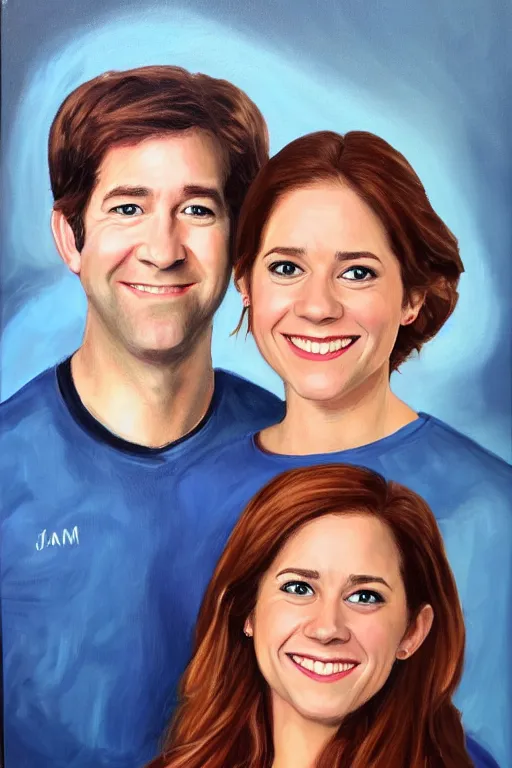 Image similar to portrait painting of jim halpert and pam beesly