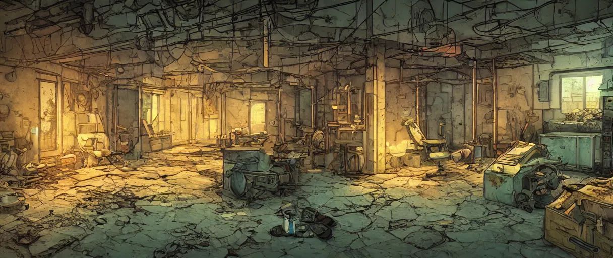 Image similar to abandoned laboroatory from cold war era faded out colors place mosquet painting digital illustration hdr stylized digital illustration video game icon global illumination ray tracing advanced technology that looks like it is from borderlands and by feng zhu and loish and laurie greasley, victo ngai, andreas rocha, john harris