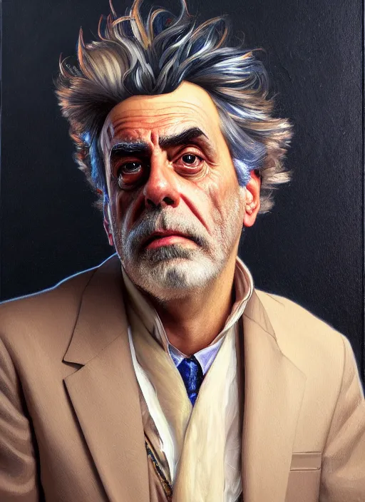 Image similar to oil portrait of rick sanchez, intricate, elegant, highly detailed, lighting, painting, artstation, smooth, illustration, art by greg rutowski and alphonse mucha