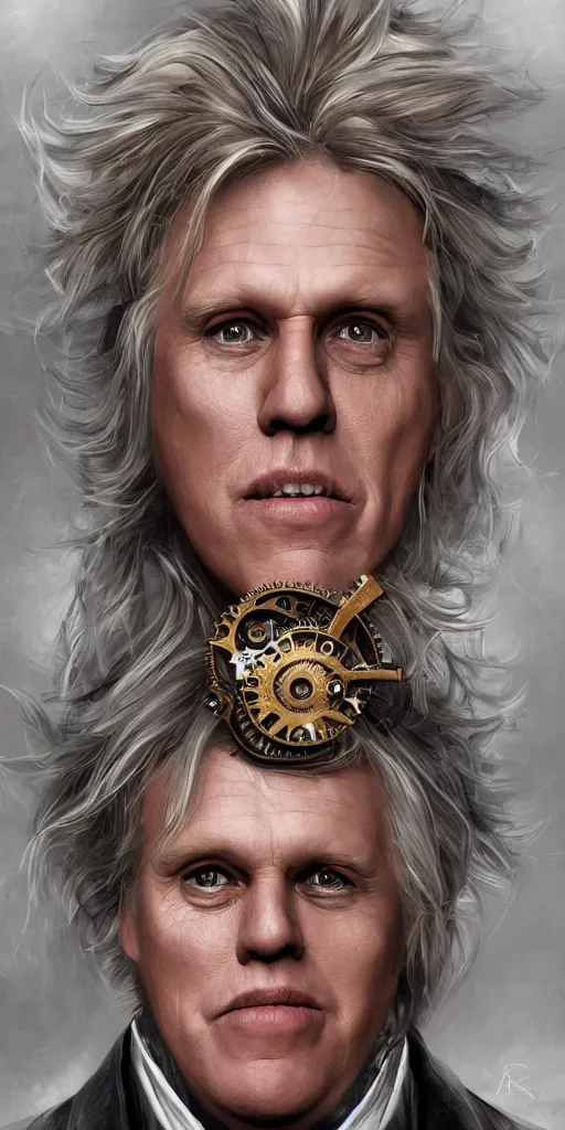 Prompt: portrait of Gary Busey, elegant, intricate, steampunk, full frontal shot, highly detailed, digital painting, artstation, concept art, sharp focus, illustration, art by artgerm and H.R. Giger