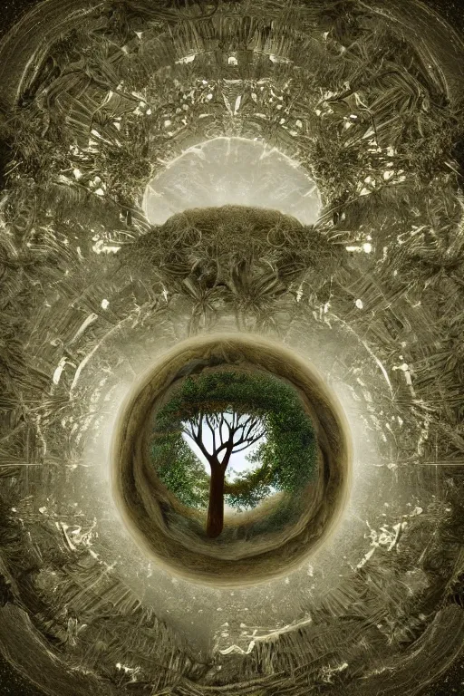 Image similar to mystic circular base surrounded by grand soul tree of the earth with many will - o'- wisp around, cinematic, perfect symmetry, intricate detail, small details, high resolution, volumetric lighting, photorealistic