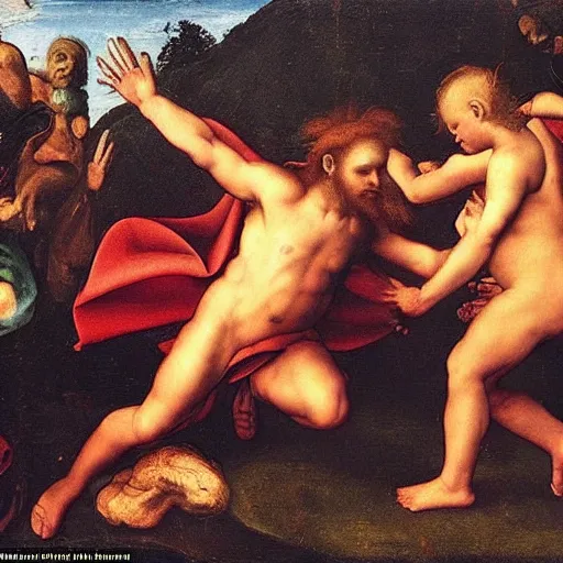 Image similar to the devil and the god, epic fight, iconic battle by raphael