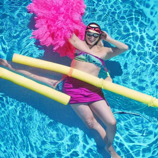 Image similar to a woman swimming surrounded by 1 0 pool noodles pointing away from her