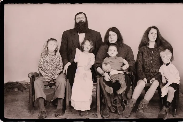 Image similar to sasquatchs family photograph in a vintage studio fuji film