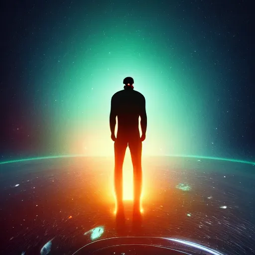 Prompt: man standing on the edge of the galaxy looking into an abyss, futuristic, stylistic, 4 k, digital art, trending on artstation