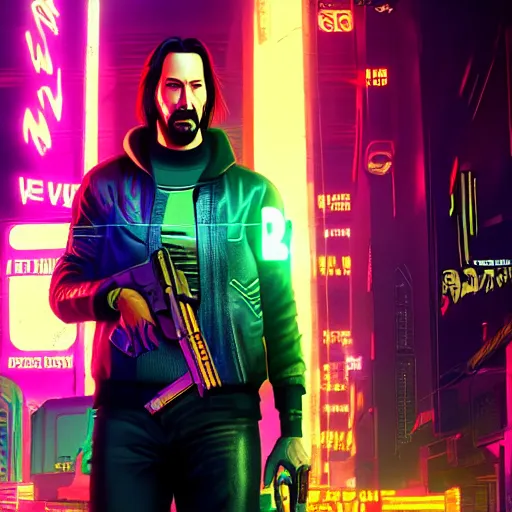 Image similar to Keanu Reeves on neon street in Cyberpunk 2077 Game, synthwave, artstation art, night, professional light