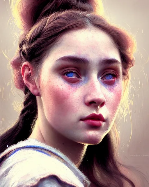 Prompt: young woman with pigtails, beautiful girl, close up portrait, bright, highkey, realistic, serov, surikov, vasnetsov, repin, kramskoi, paint texture, uplight, insanely detailed, charlie bowater, tom bagshaw, octane rendered, unreal engine, illustration, trending on artstation, masterpiece