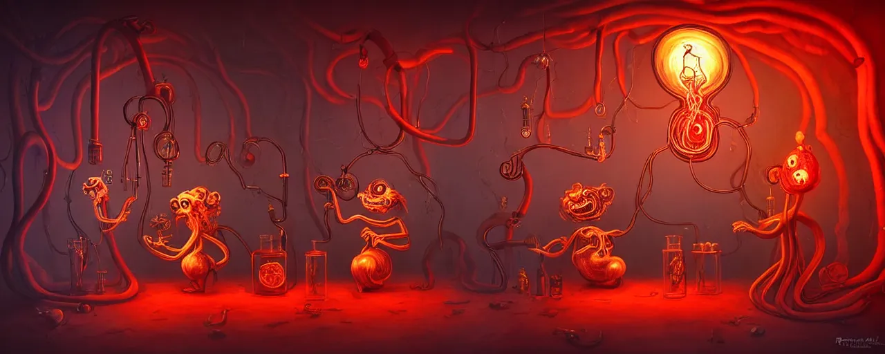 Image similar to whimsical weird chthonic alchemist creatures inside a visceral arterial alchemical lab within the left ventricle of a human heart, dramatic lighting fiery red lighting, surreal fleischer cartoon characters, surreal painting by ronny khalil