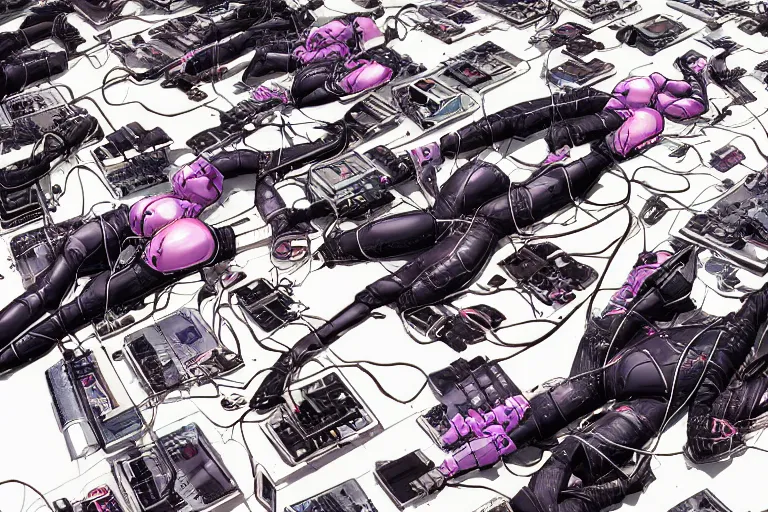 Prompt: a cyberpunk illustration of a group of coherent female androids in style of masamune shirow, lying on an empty, white floor with their bodies broken scattered rotated in different poses and cables and wires coming out, by yukito kishiro and katsuhiro otomo, hyper-detailed, intricate