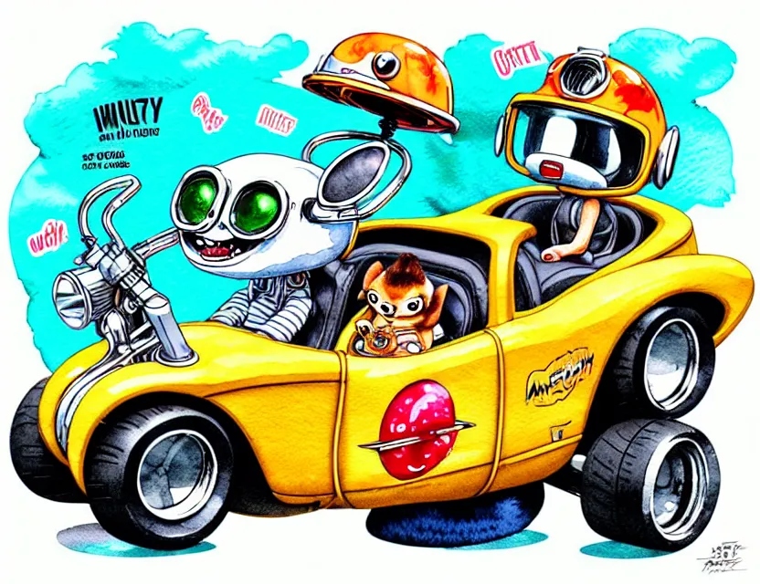 Prompt: cute and funny, gizmo wearing a helmet riding in a hot rod with oversize engine, ratfink style by ed roth, centered award winning watercolor pen illustration, isometric illustration by chihiro iwasaki, edited by range murata, tiny details by artgerm and watercolor girl, symmetrically isometrically centered