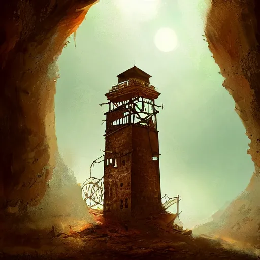 Image similar to an abandoned old,rusty, clock tower in a dark enormous cave, painting, illustration, Concept art, art station , 4k, perfectly balanced light, digital art, unreal