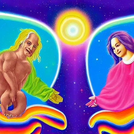 Prompt: the creation of adam painted by lisa frank