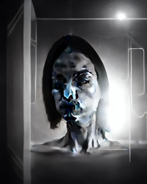 Image similar to black and white high quality photo of a beautiful futuristic female posthuman-cyborg looking into a sci-fi mirror, volumetric lighting, liminal space, brutalism, foggy, dreamy, hyperdetailed, bokeh, photorealistic, cinematic, masterpiece, Metropolis, elegant, dark, octane render, 8K, in the style of Dora Maar and Man Ray