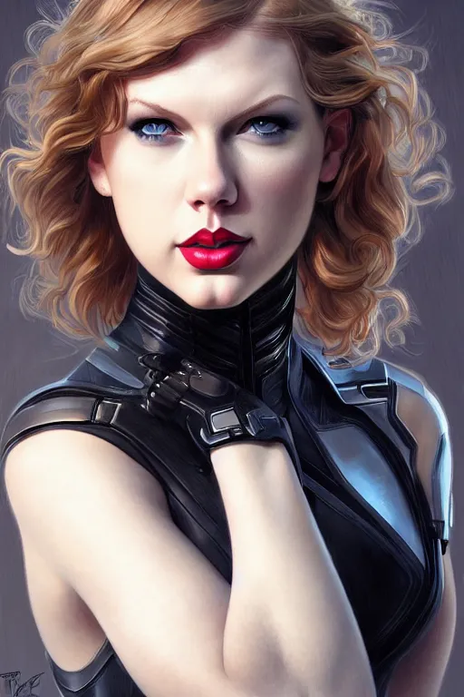 Prompt: taylor swift as black widow, realistic portrait, symmetrical, highly detailed, digital painting, artstation, concept art, smooth, sharp focus, illustration, cinematic lighting, art by artgerm and greg rutkowski and alphonse mucha