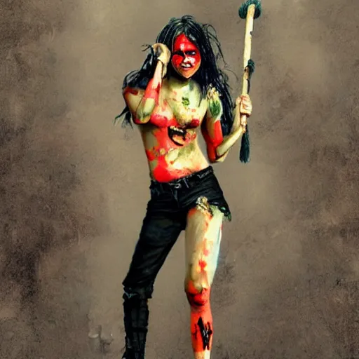 Prompt: a young Michelle Rodriguez dressed in tattered clothes, with red face paint in fighting pose holding a broom, wide full body, movie poster, realistic hyper detailed concept art