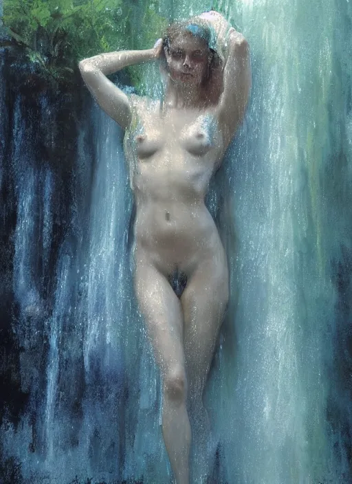 Image similar to painting of a goddess showering in a waterfall, unclothed but veiled in mist, detailed, stylized, loose brush strokes, pastel colors, blue and green hues, by Jeremy Mann, intricate, beautiful