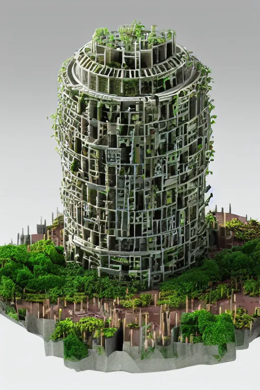 Image similar to 3 d printed physical model organic including more than one city into one vertical building model that sits on a table in a room with a view back with a golden rim details in the base, multiple stories, transparent, with vegetation, colorful, eye - level view, looking straigh ahead, 8 0 k, octane render, highly detailed 3 d render,