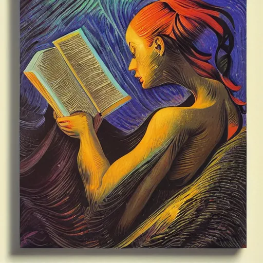 Image similar to a girl reading a book, surreal by dan mumford and umberto boccioni, oil on canvas