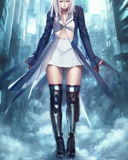 Prompt: The successful warrior is the average man, with laser-like focus, artwork by artgerm, anime, cyberpunk streets in Japan, elegant, seductive, long white hair, knee high socks, extra short blue plaid skirt, white blouse, army boots, full shot, wide-shot, long-shot, fantasy, mystical, magical