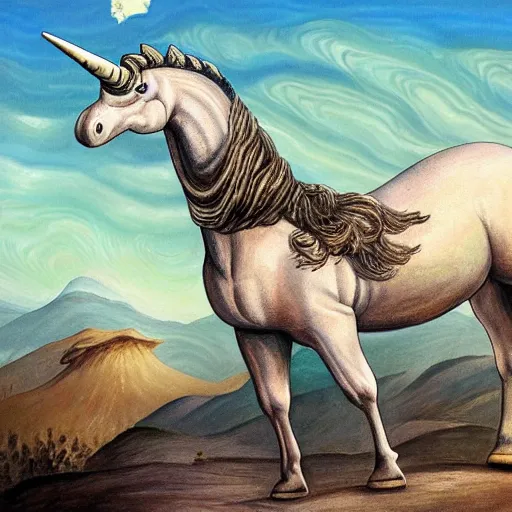 Prompt: painting of one of the worst fossil reconstructions in human history a really long unicorn horn realism painting