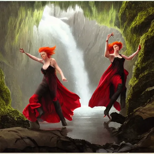 Prompt: an extremely detailed portrait of four polyamorous red haired vampire queens dancing while hiding from a thunderstorm in a cave behind a waterfall, epic fantasy, viewed in profile from far away, sharp focus, detailed face, art by greg rutkowski and alphonse mucha, volumetric lighting, 4 k resolution, trending on artstation, masterpiece