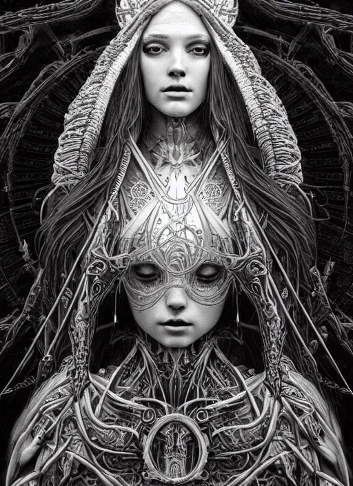 Image similar to beautiful priestess girl tarot card portrait, biomechanical, intricate artwork masterpiece, majestic, elden ring cinematic lighting, volumetric 8 k, by apollonia saintclair, josan gonzalez, zdizslaw beksinski, edmund leighton, kilian eng, trending on cgsociety, 8 k