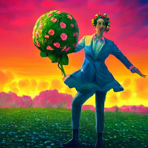 Image similar to portrait, giant rose flower head, girl dancing in a suit, surreal photography, sunrise, blue sky, dramatic light, impressionist painting, digital painting, artstation, simon stalenhag