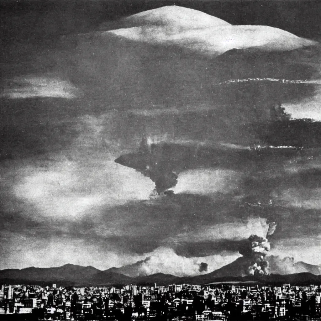 Image similar to Ansel Adams photo of Hiroshima during atom bomb detonation