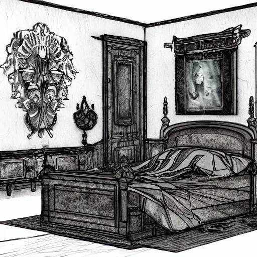 Image similar to haunted mansion bedroom in the style of an archvis render
