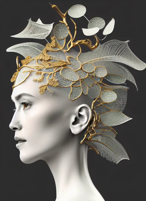 Prompt: complex 3d render ultra detailed of a beautiful porcelain profile woman face, mechanical vegetal cyborg, 150 mm, beautiful studio soft light, spot light, rim light, silver gold red details, luxurious, magnolia big filigran leaves and stems, roots, Alexander Mcqueen haute couture, fine foliage lace, mesh wire, filigran metallic intricate details, hyperrealistic, mandelbrot fractal, anatomical, silver metal armor, facial muscles, cable wires, microchip, elegant, white background, beautiful white teeth, octane render, H.R. Giger style, 8k