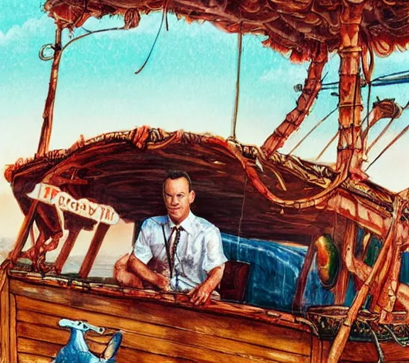 Image similar to Tom hanks as forrest gump sitting in a giant shrimp boat, majestic beautiful world, digital art, amazing detail, artstation, in the style of maurice sendak